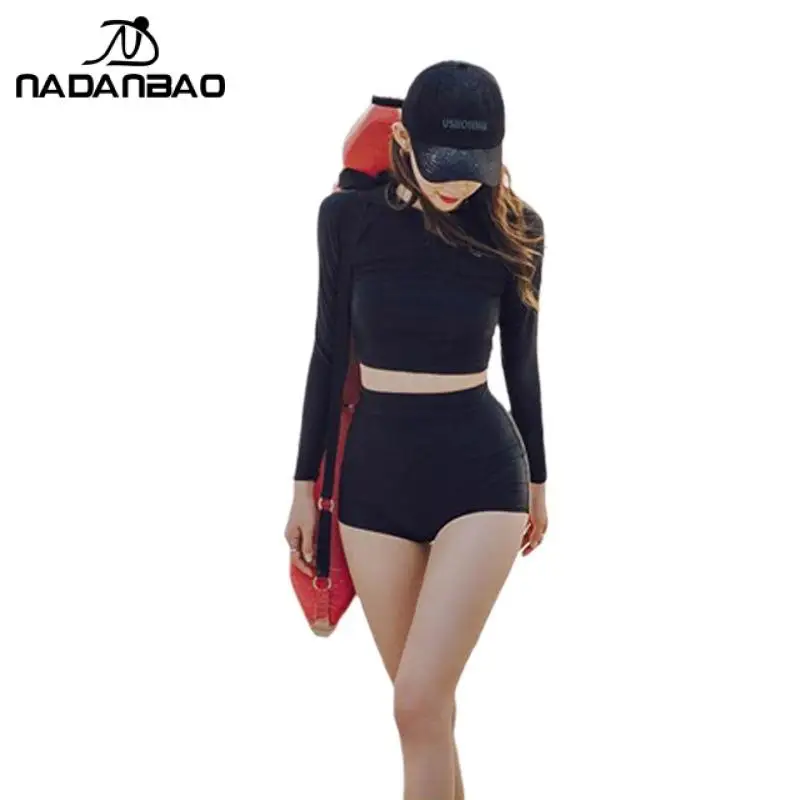 Nadanbao Black Slim Two-Piece Surfing Beachwear Women Sexy Zippper Bodysuit Swimsuit Female Long Sleeve Swimsuits Summer