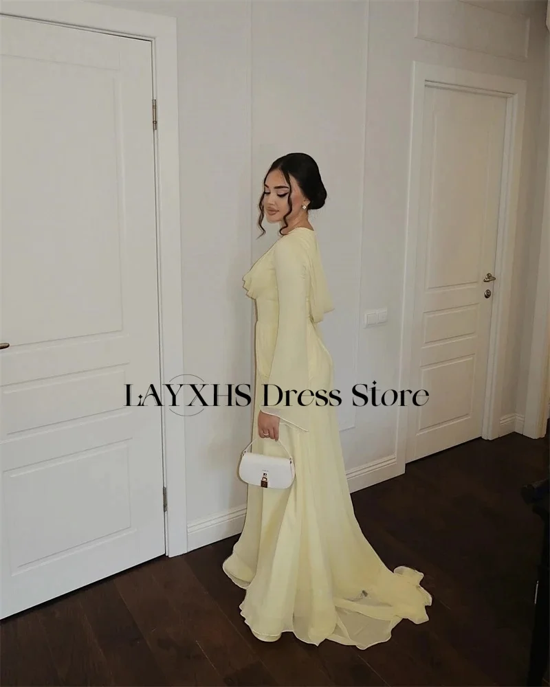 LAYXHS สีเหลืองเรียบง่าย O-คอชุดราตรี A-Line แขนยาวจีบผู้หญิงชุดราตรีที่กําหนดเอง FBسات