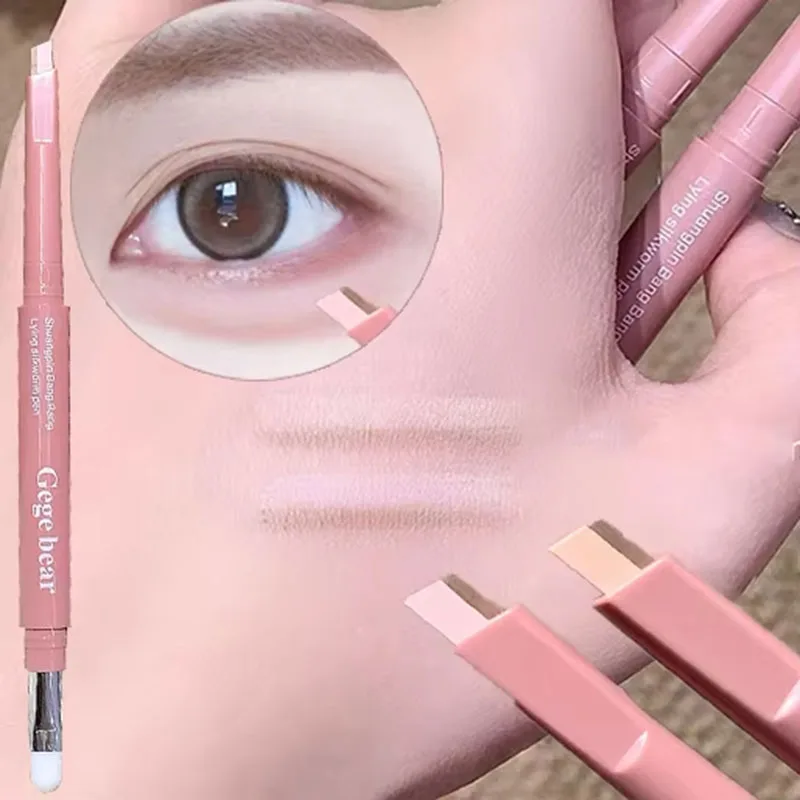 両端使えるシルクワームペンシル 2in1 ハイライター ヌード 下まぶた輪郭 アイライナー メイクアップスティック ディテールブラシ付き