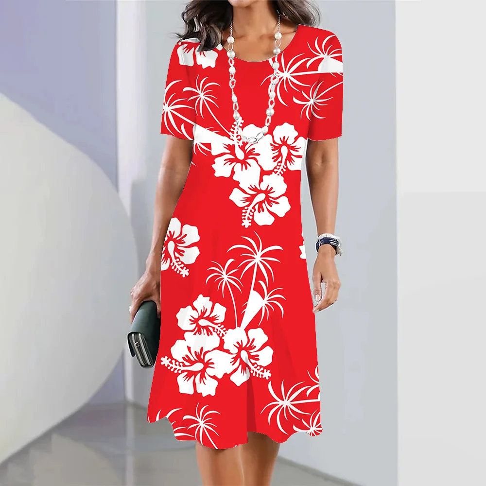 

New Vestidos Women's Dresses Red Printed Elegant Casual O Neck Short Sleeve Summer Long Dresses Fashion Ladies Clothing 2024