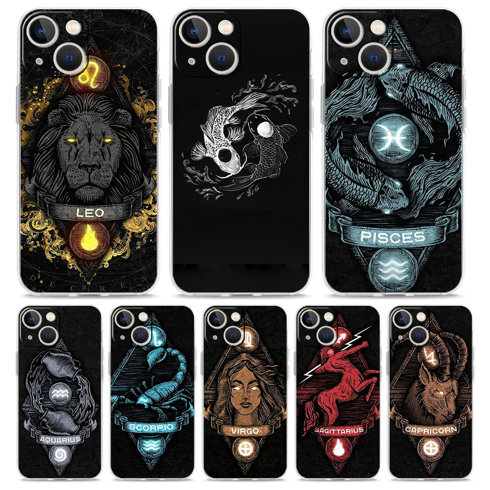 Phone Case For iPhone 16 15 14 13 12 11 Pro Max XS X XR 7 8 Plus soft TPU Clear Cover Aries Leo Libra Pisces Virgo Capricorn