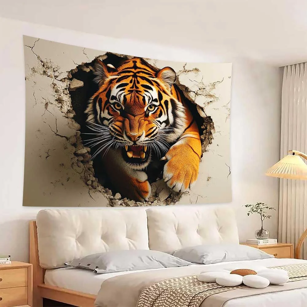 VIKAMA 3D-Wandteppich mit ausbrochendem Tiger - Perfekt für einen dramatischen und kräftigen Stil in jeder Raumgestaltung, ideal für Zuhause