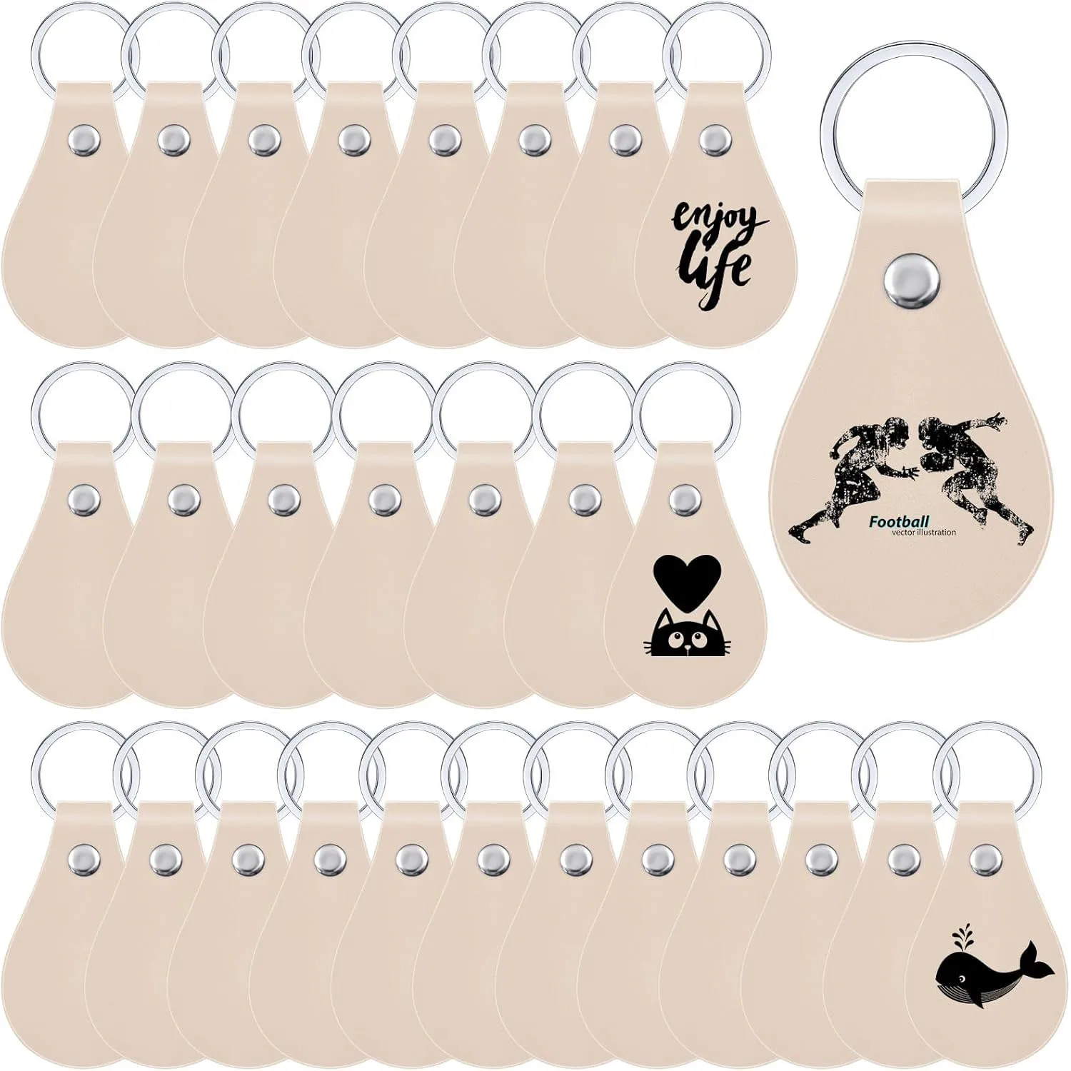 20pcs/set Leather Key Fob Kit DIY Craft PU Blank with Rivets&Key Ring for Laser Engraving Keychain