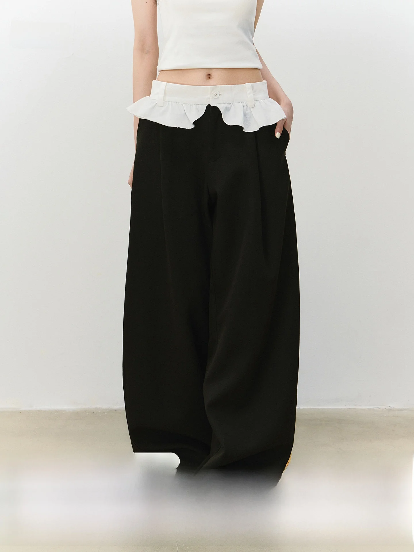 

Брюки женские прямые свободного кроя с высокой талией, широкими штанинами, контрастным кружевным дизайном, в пол, для похудения, белые