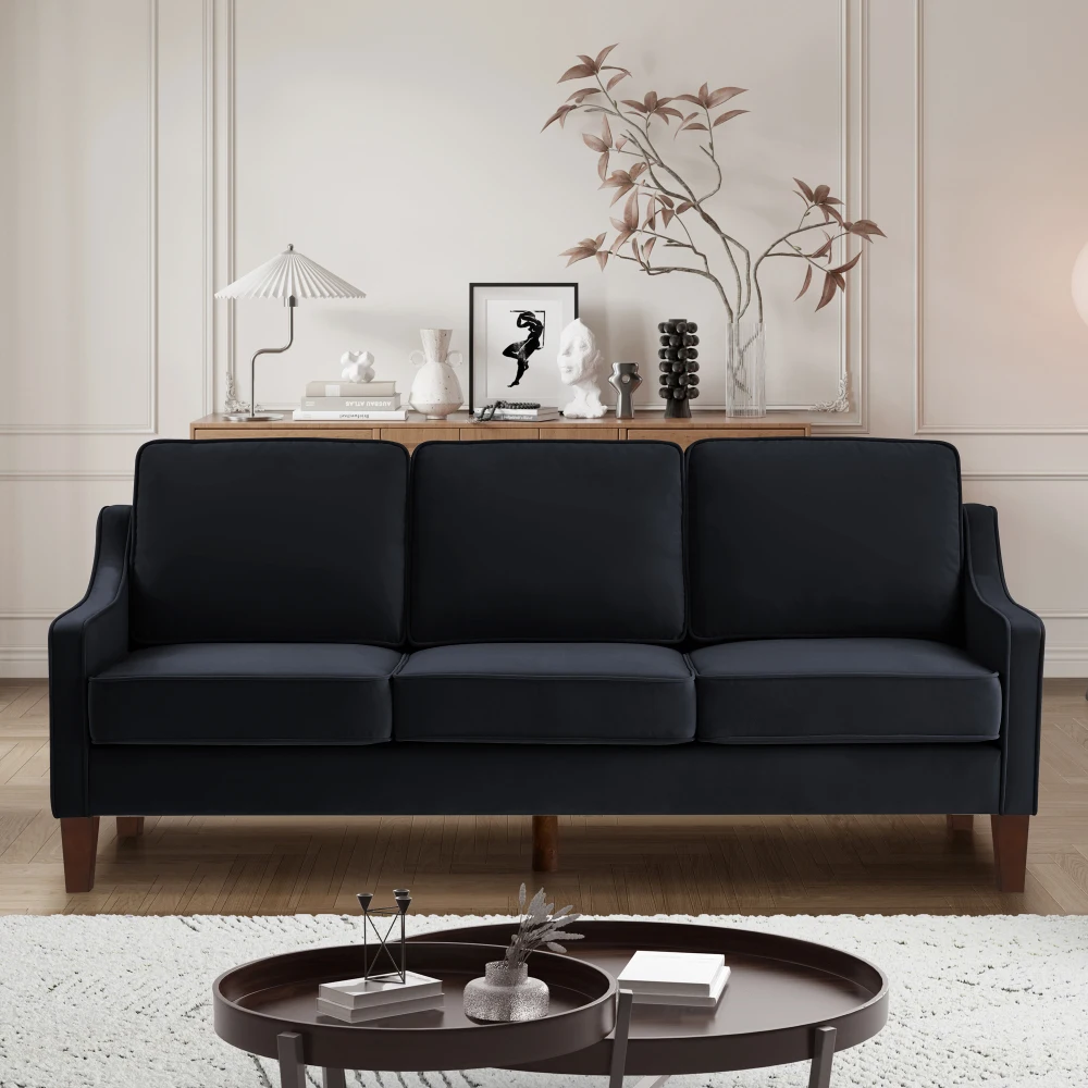 

Modern 3-seater sofa with shovel handrail/wood legs, padded velvet three-seater sofa