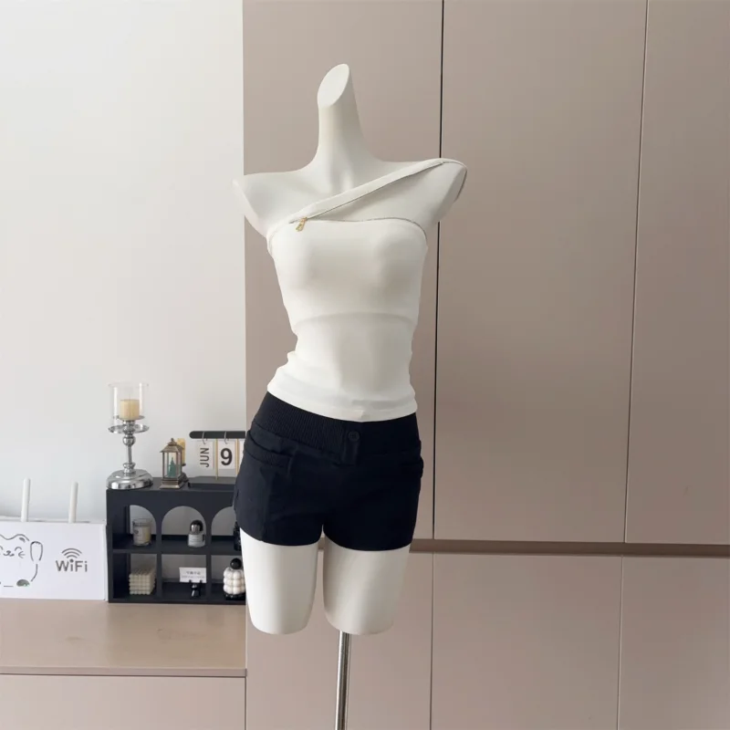Sexy Spicy Girl Zipper Crop Top Women's Slimming Short Outerwear Shirt Casual round Neck Polyester Fiber H-Shape Vest