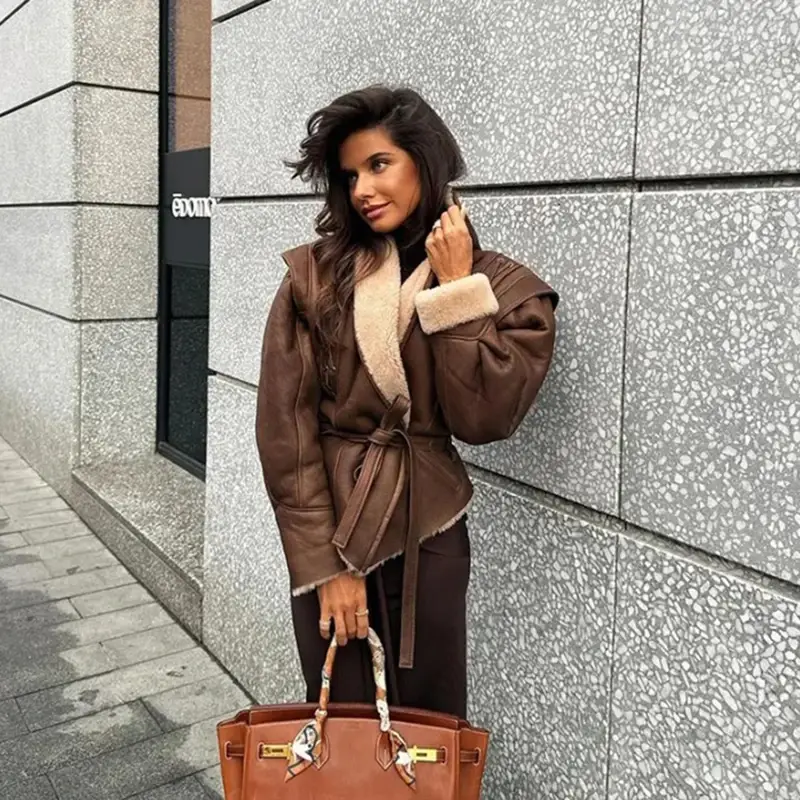 Winter Women Streetwear Parka Faux Lamb Leather Fur Short Jacket with Belt Moto Biker Thick Warm Sheepskin Coat Outwear - Image 4