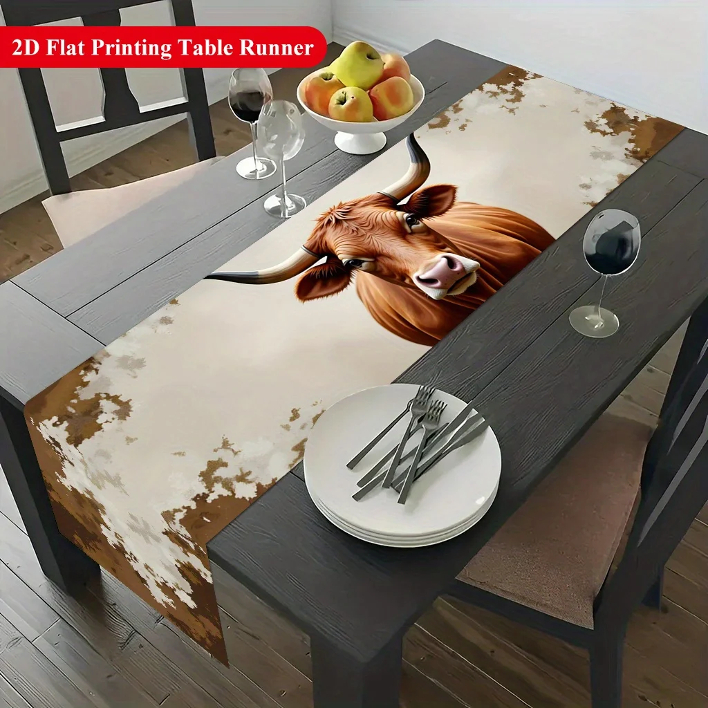 1pc 2D Flat Table Runner, Brown Cow Looking Forward Printed Rectangle Table Runner, Decor for Dining Table, Coffee Table