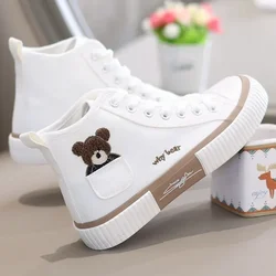 Cute Cartoon Bear Pattern Women's Canvas Shoes Sewing Thread Soft Sole Thick Flat Shoes Lace Up Outdoor Non Slip Simple Style