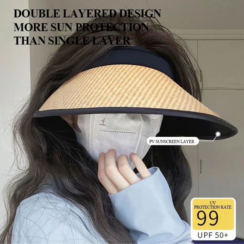 Sunshade Sunscreen Hat for Women 2024 New Summer Big Brim Anti UV Sun Hat Covering Face Empty Top Grass Knitted Straw Cap