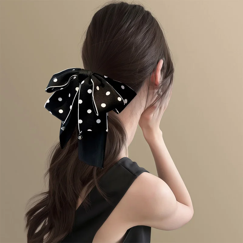 أبيض وأسود البولكا نقطة القوس الكبير مشبك شعر للمرأة أنيقة النسيج لونين دبوس الشعر فتاة الموضة الجزء الخلفي من رئيس الشعر البطلينوس
