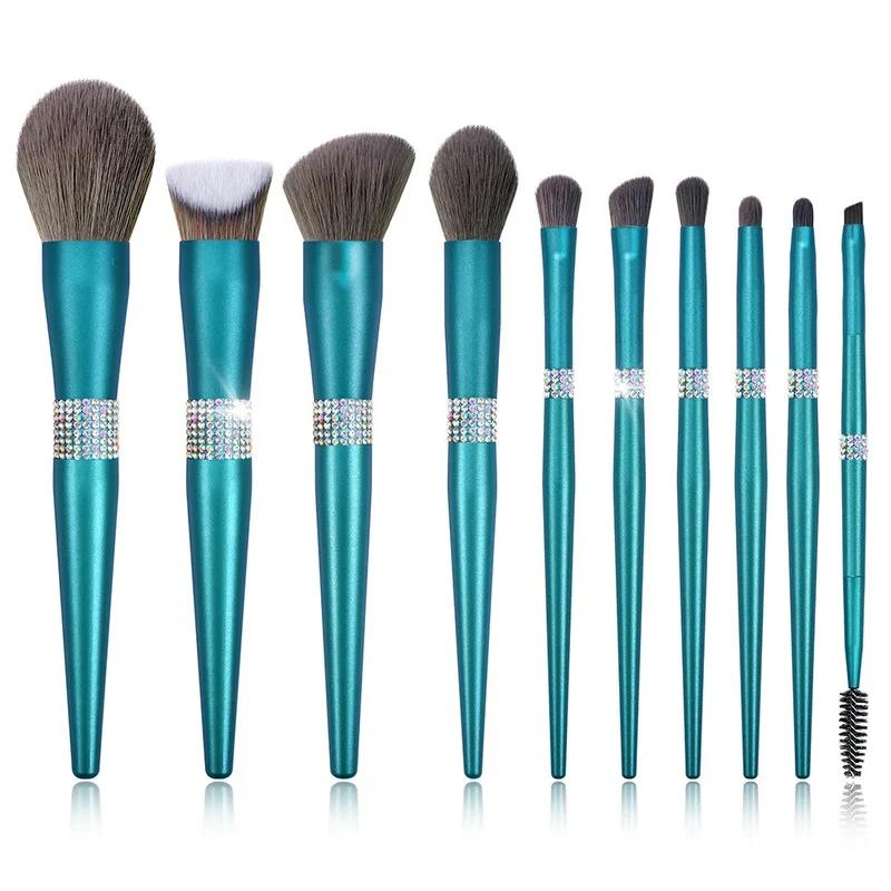 10-piece Brilliant Queen Turquoise Diamond-encrusted Makeup Soft Bristle Eyeshadow Blush Brush Beauty Tools Set