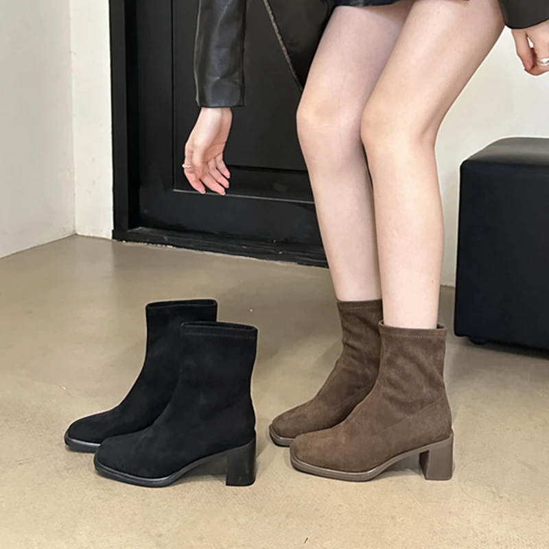 SUOJIALUN Winter New Brand Women Ankle Boots Shoes Fashion Square High Heel Ladies Elegant Short Boots Slip On Chelsea Shoes