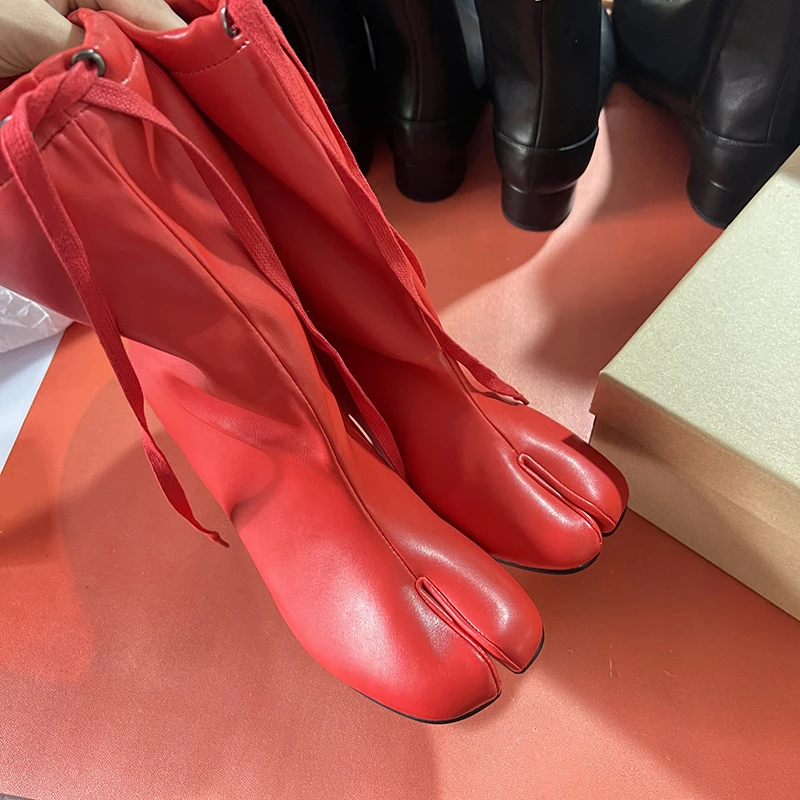 2025 Chunky High Heel Tabi Women Boots Winter Short Ankle Boots Slip-On Shoes Luxury Brands Designer High Boots Real Leather