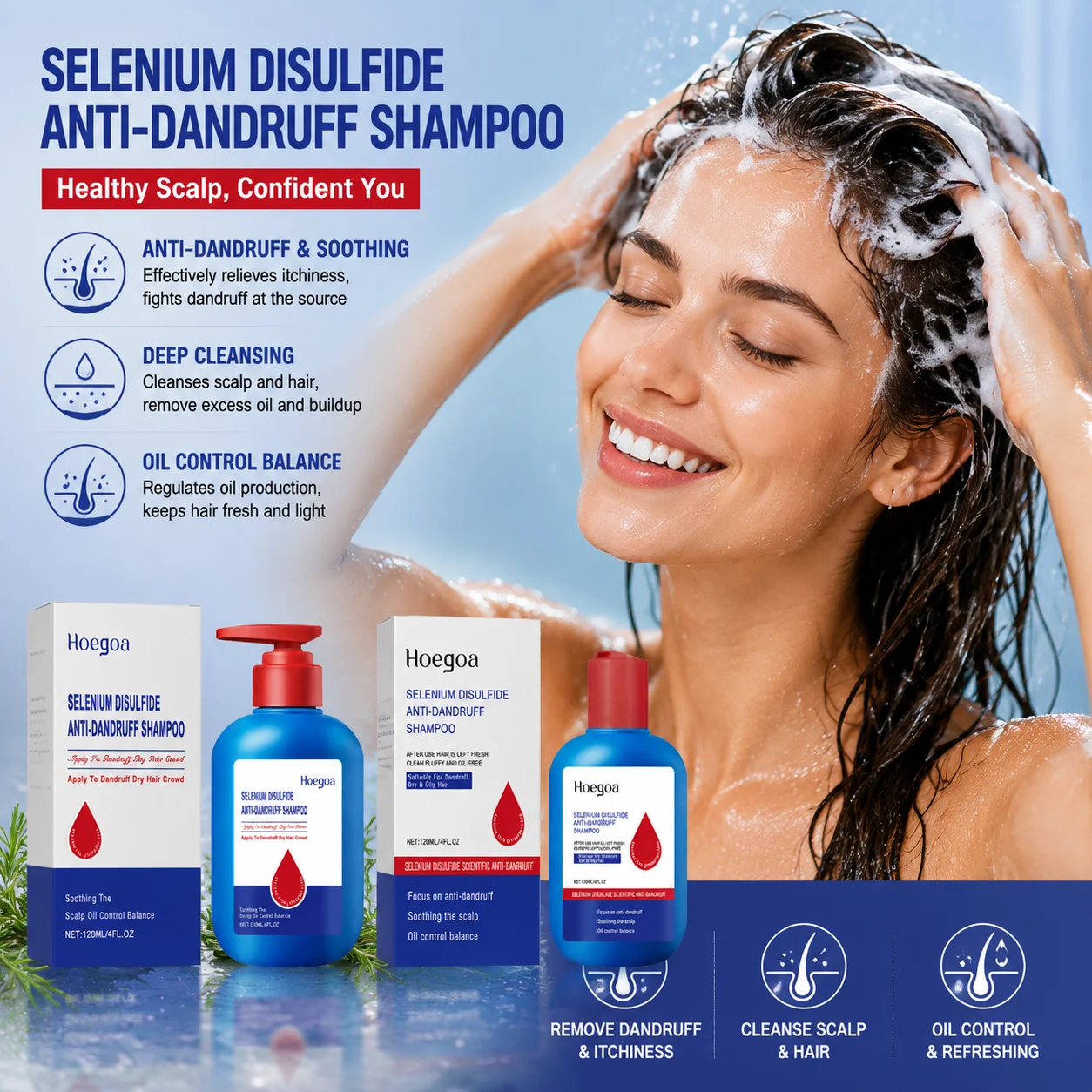 Hoegoa Selenium Disulfide Shampoo Deep Cleaning Anti Itch Oil Control Fluffy Hair Growth Anti-Dandruff Shampoo for Men & Women