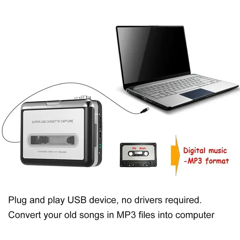 B27B USB Cassette Tape To MP3 Converter Conversion Device, Audio Music Player Featuring Headphone Support