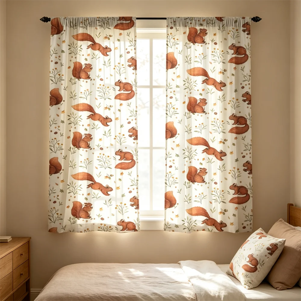 2PCS Watercolor little squirrel Print Curtains, Bedroom Window Drapes, Rod Pocket Polyester, Home Decor Holiday Decoration