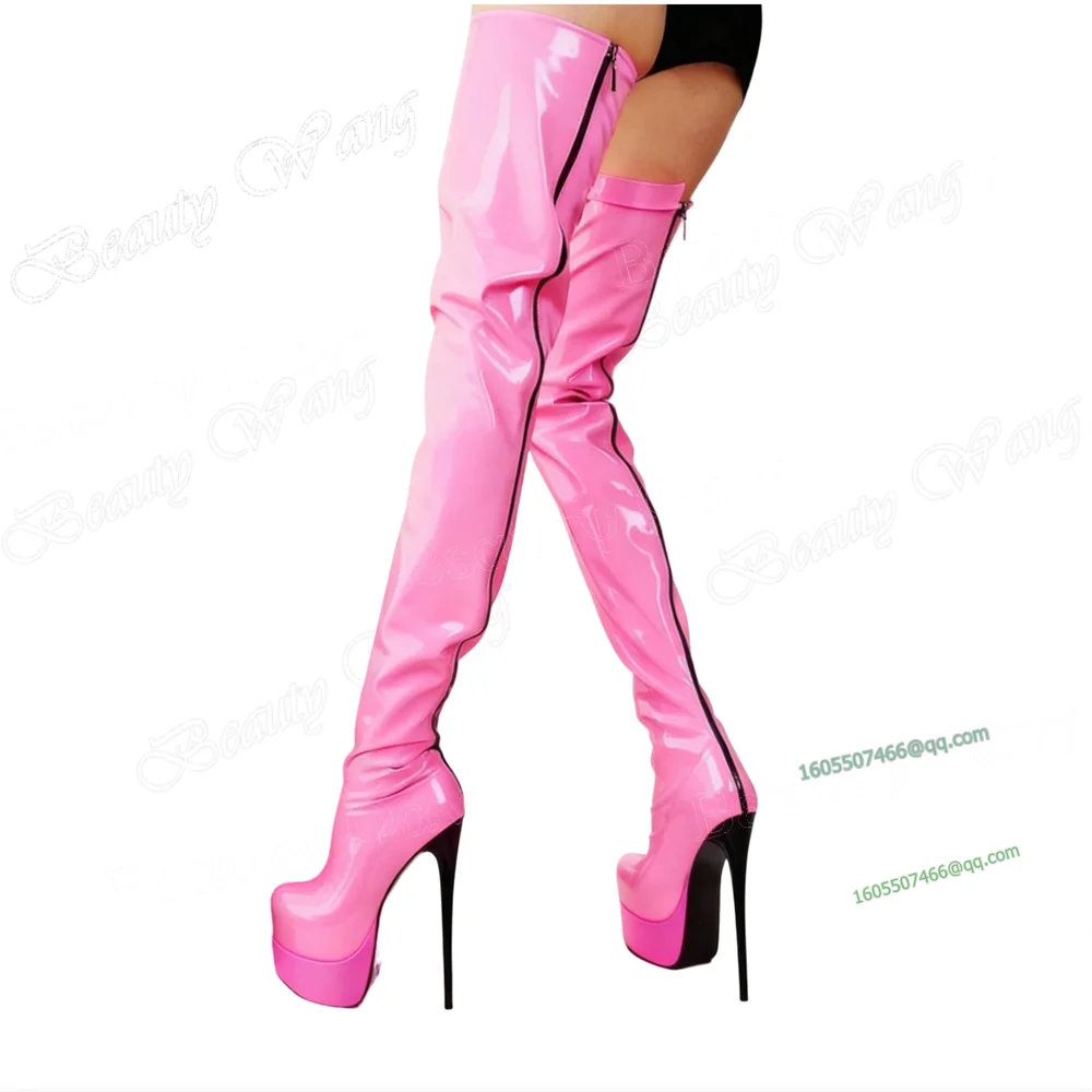 

Pink Back Black Line Decor Platform Boots Spike Heel Thigh High High Heel Shoes Solid Sexy Women Shoes New Zapatos Para Mujere