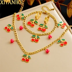 XIYANIKE 316L Stainless Novel Trendy Red Cherry Pendant Necklace Bracelet Earring Set For Women Thick Whip Chain Jewelry Suit