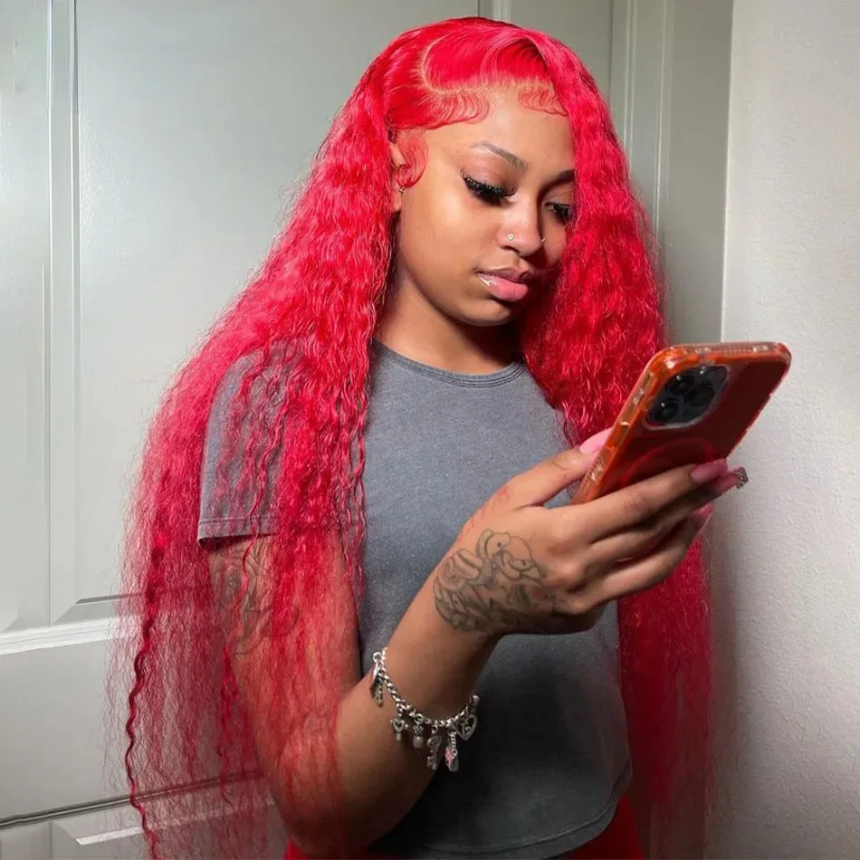200% Density Red 13x4 Lace Frontal Human Hair Wig Pre Plucked 30 40 Inch 13x6 Deep Wave Hd Transparent Lace Front Wigs For Women image 5