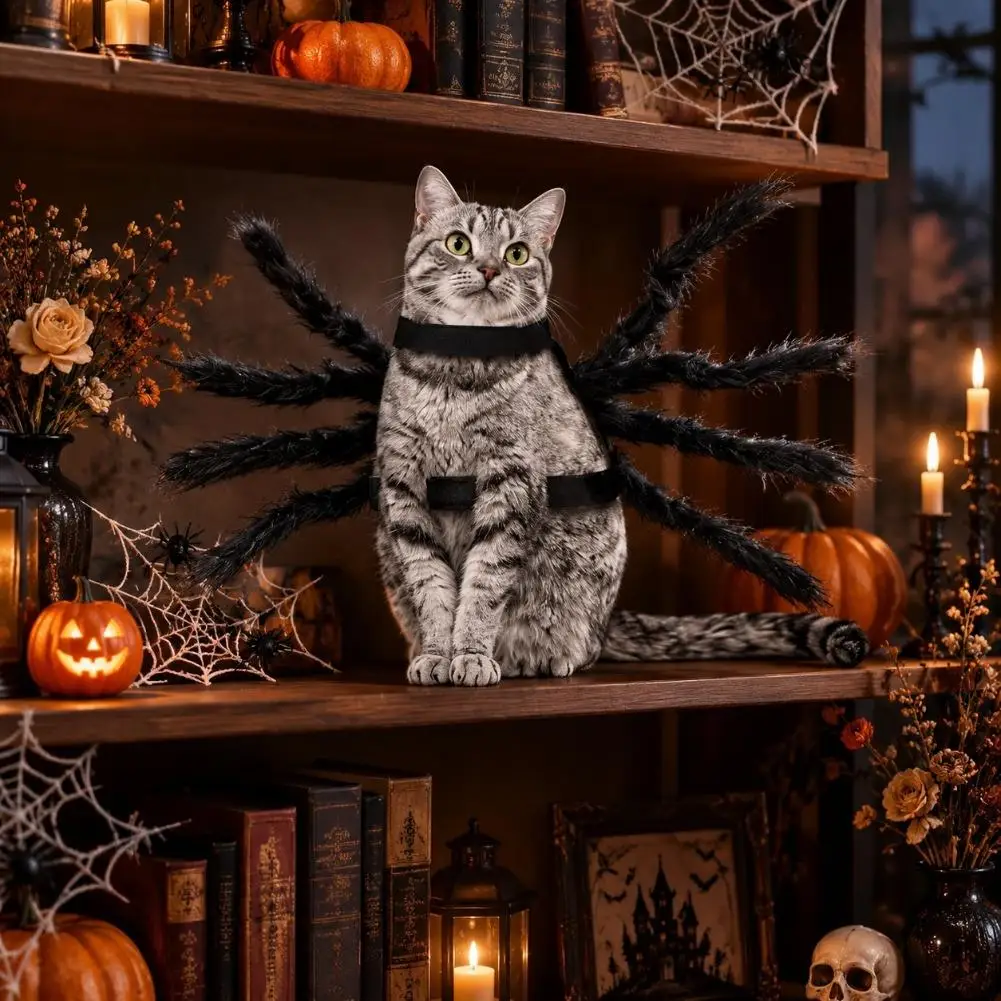 Haustier-Spinnenkostüm für Halloween, realistisches, pelziges Kostüm für Hunde und Katzen, lustiges Party-Outfit, bequeme Passform für kleine und mittelgroße Haustiere. – Detail 5