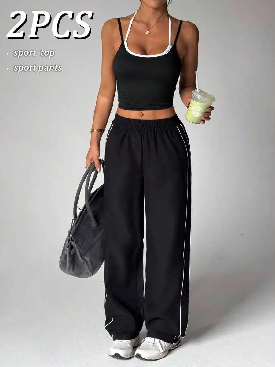 

2PCS Women Sport Set Contrast Color Sleeveless Top And Loose Straight Leg Pants For Yoga Gym Running