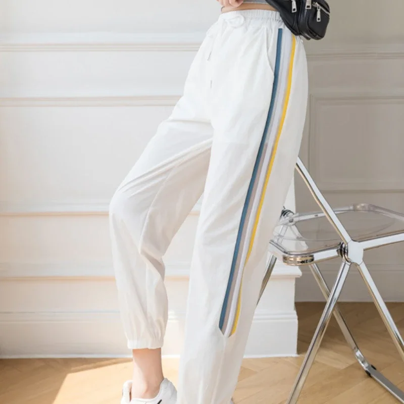 Women Thin Ice Silk Casual Fashion Pants 2024 Female Cool Transparent Trousers College Girls Sport Pants Oversized Sweatpants