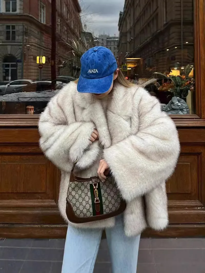 Women Autumn Winter Faux Fox Fur Coat, Collarless Loose Flare Sleeve Thick Plush Lazy Outerwear for Ladies