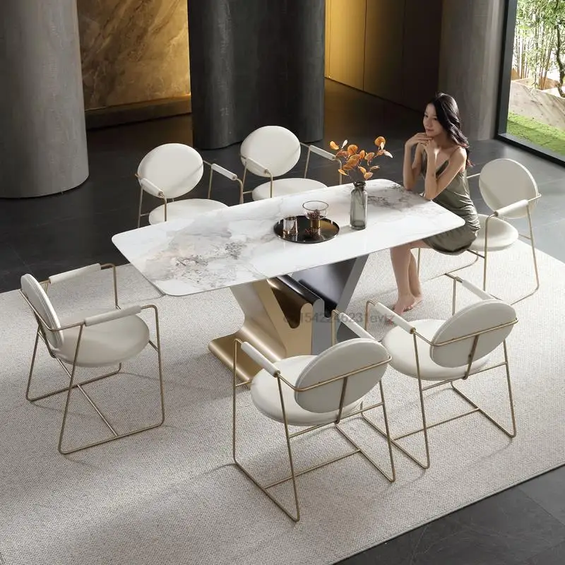 Rectangular 1.8m Snow Mountain White High-end Dining Table And Chair Combination 12mm Shiny Luxury Stone Dining Table Furniture