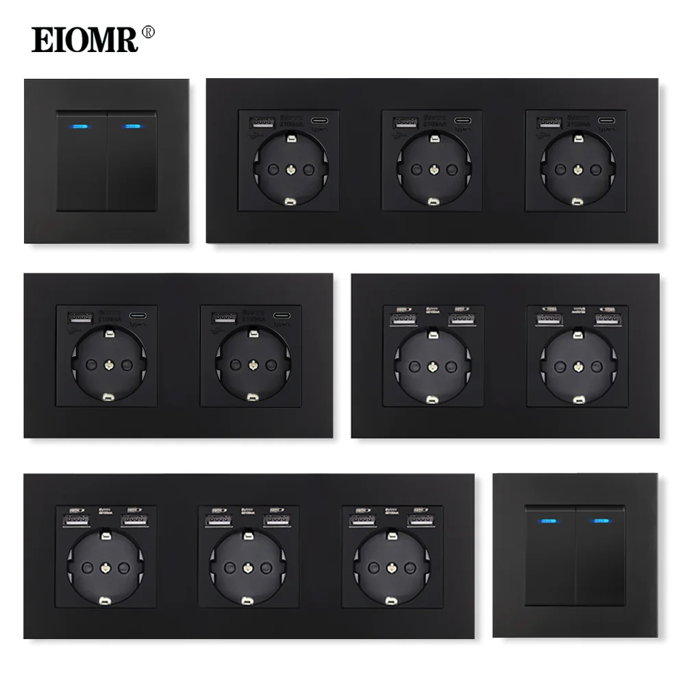 EIOMR typu ue C interfejs gniazda 5V 2.1A Port ładowania USB 1/2/3Gang niebieskie podświetlenie Led przełączniki ścienne urządzenia gospodarstwa domowego punktów sprzedaży