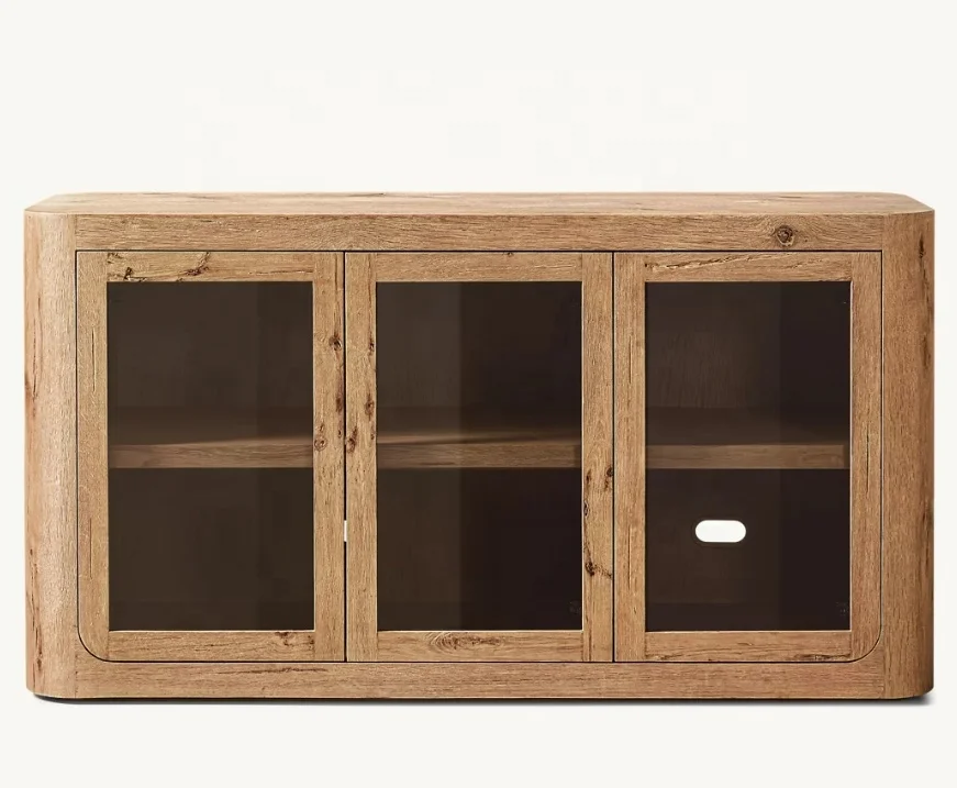 Mid-Century Living Room Furniture Solid Wood Cabinet Gentle Contour Glass 4- Door Sideboard