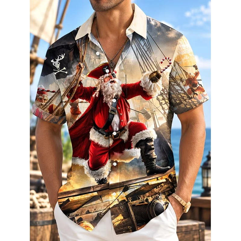 Xmas Nativity and Santa Christmas Hawaiian Shirt with Winter Scene Prints Mens Short Sleeve Button Up Holiday Shirts for Xmas
