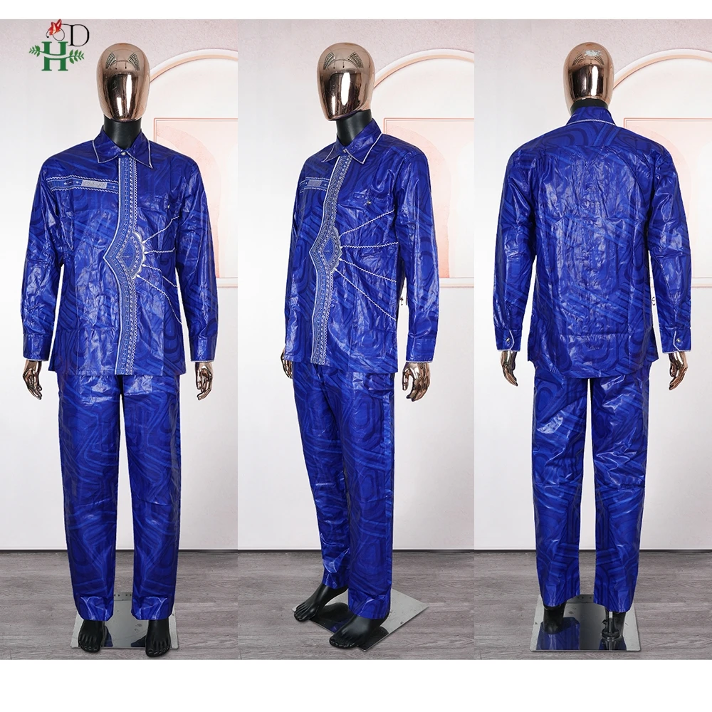 H&D African Mens Clothing Traditional Ankara Dashiki Men Shirt Embroidery 2 Piece Shirt Trousers Fashion Print Bazin Blue view 5