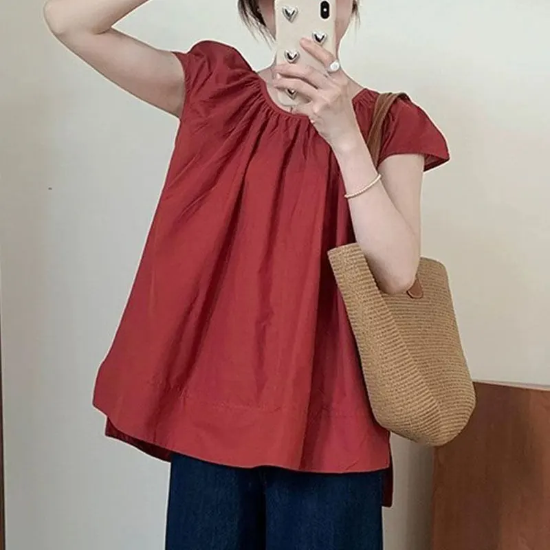 French Style Short Sleeve Shirts Female Clothing Casual Loose Round Neck Summer New Basic Solid Color Fashionable Folds Blouse