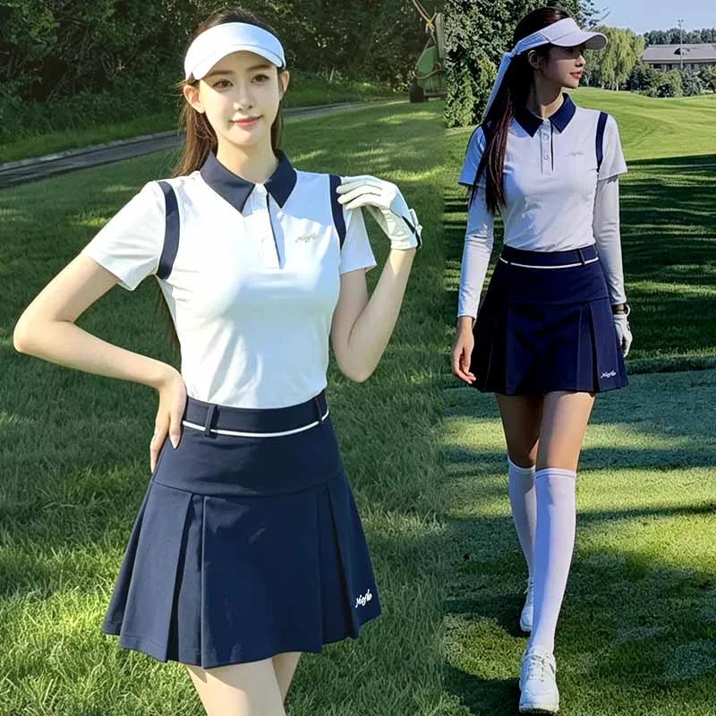 Niefle Leisure Polo Shirts Women Breathable Short-sleeved Golf Top Ladies High Waist Pleated Skirt Golf Apparel Preppy Style