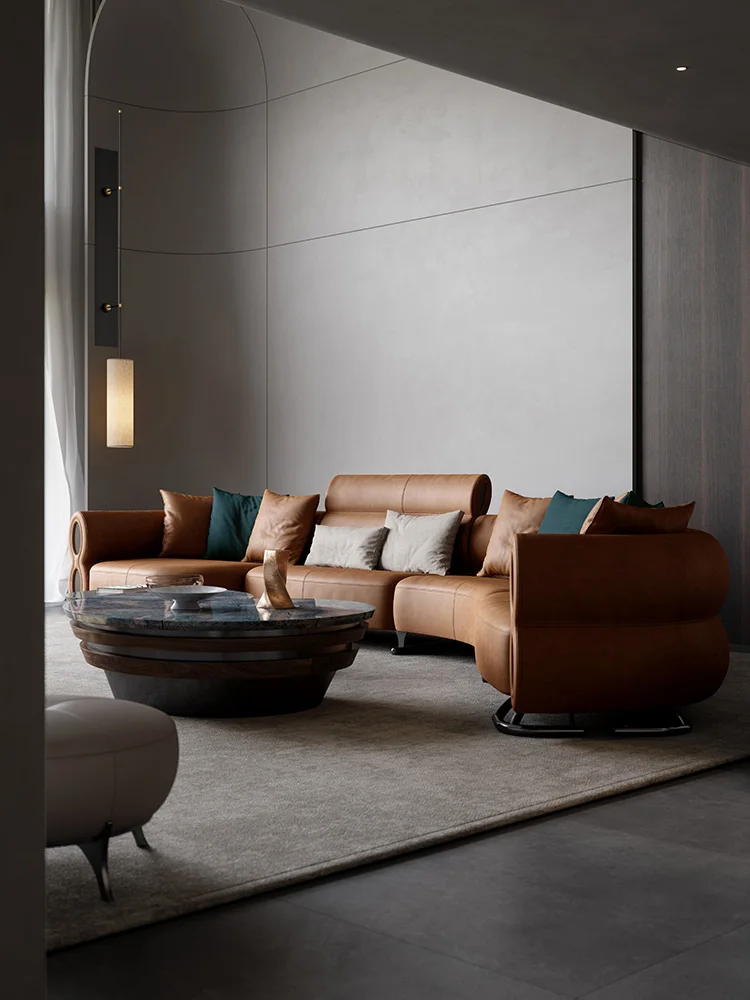 Italian minimalist sofa villa with large flat floor, the whole house is equipped with luxury and light arc leather sofa.