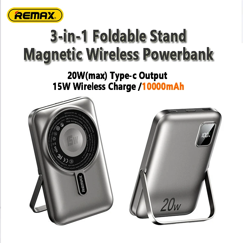 

Remax 3in1 PD20W Wireless Magsafe PowerBank 10000mAh Portable External Battery For iPhone Earphone Watch With Phone Holder Stand