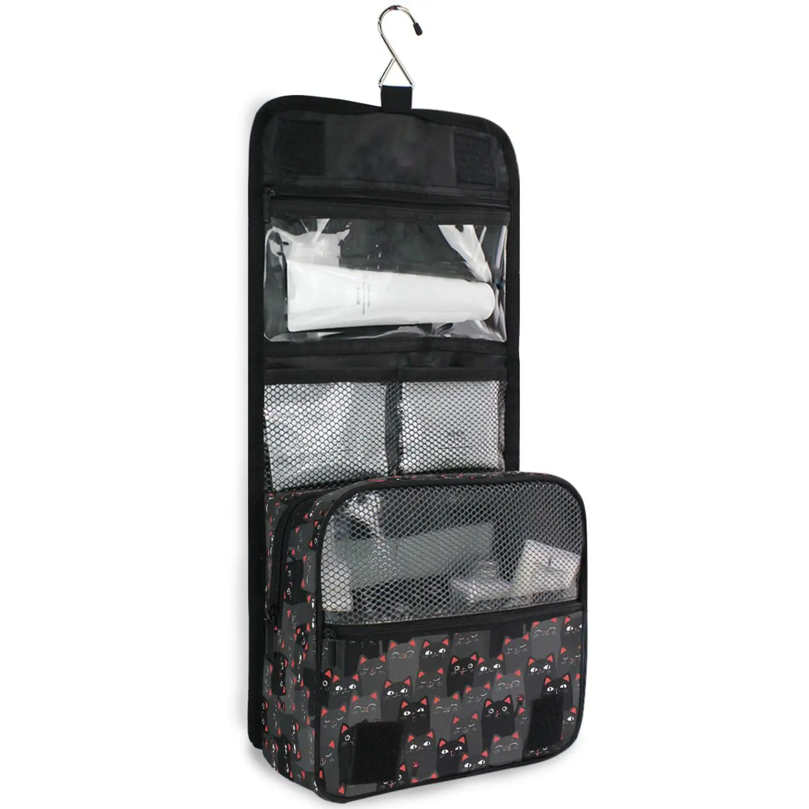 Black And Grey Cats Hanging Toiletry Bag Travel Makeup Case Wash Bag Portable Large capacity Foldable Cosmetics Organiser Bag