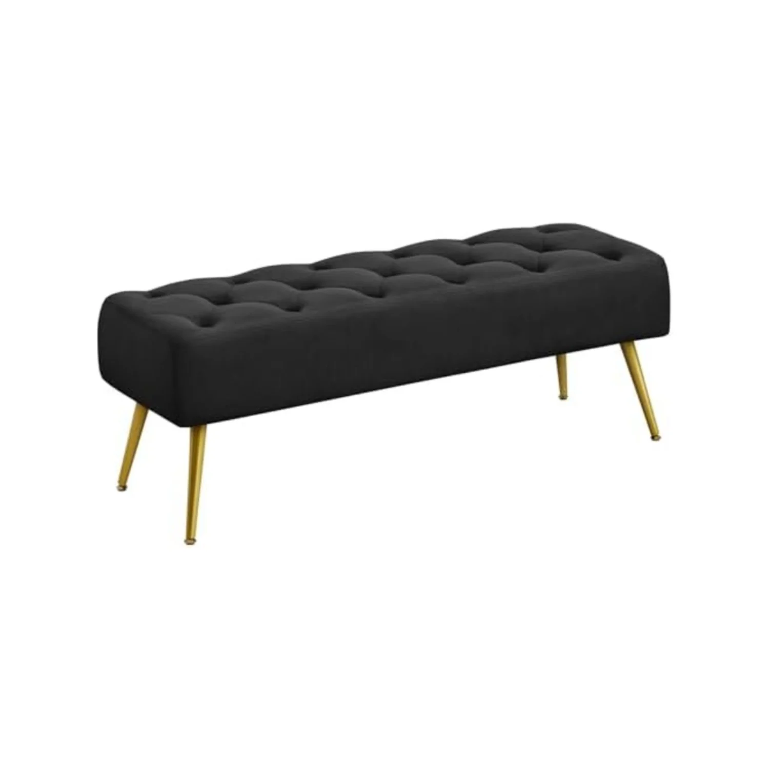 45in Velvet Ottoman Bench for Bedroom End of Bed, Black | Tufted Upholstered Bench Seat, Bed Bench with Tapered Gold