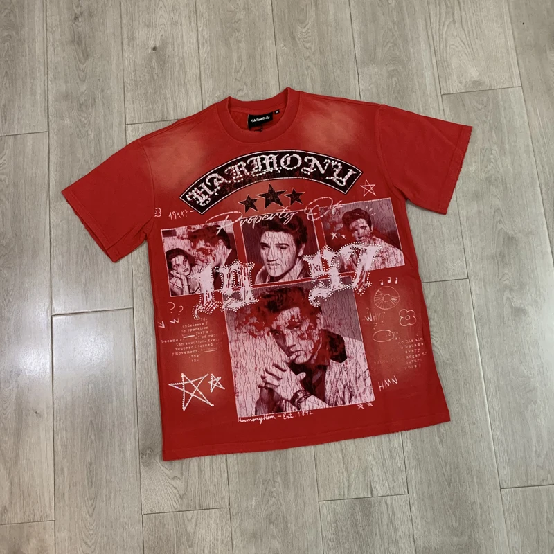 American Fashion Street Fashion Brand High-quality Red Rhinestone HARMONY T-shirt Hip-hop Casual Round Neck Short Sleeved Top