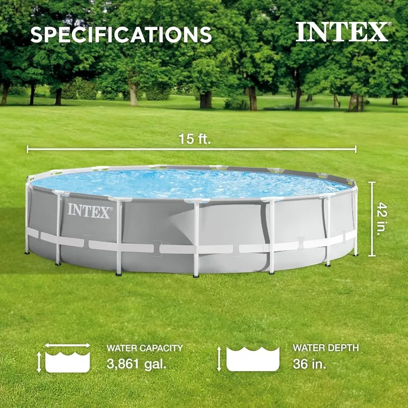 Intex 26723EH Prism Frame Premium Above Ground Swimming Pool Set: 15ft x 42in – Includes 1000 GPH Cartridge Filter Pump