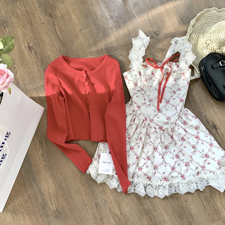 Sweet Cottagecore New Two Piece Set Women Red Knitted Cardigan +Cute Boho Mini Dress Female Print Casual Floral Dress Suit 2024