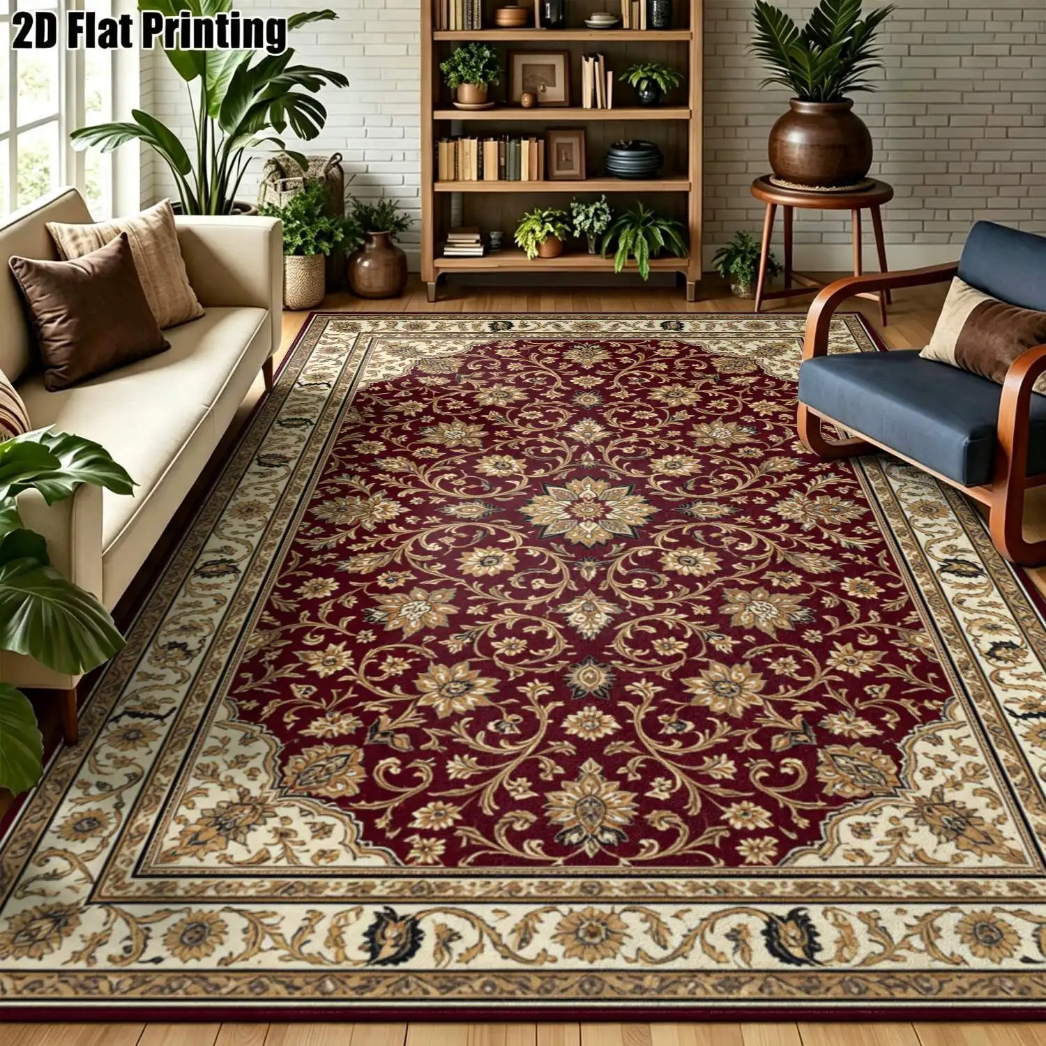 1Pc 2D Printed Retro Bohemian Ethnic Floral Carpet: Fits European/Bohemian Decor, Multi-Size, Machine Washable, for Entryway, Dining Room, Foyer, Bedroom, Living Room, Study