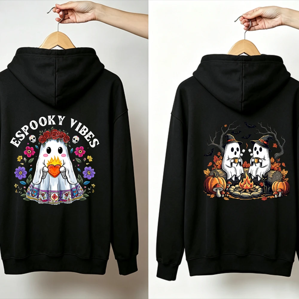 Cozy Halloween Sweatshirt Cute Ghost Floral Wreath Campfire Scene Espooky Vibes Skulls Pumpkins Mushrooms Bats Witch Long Sleeve
