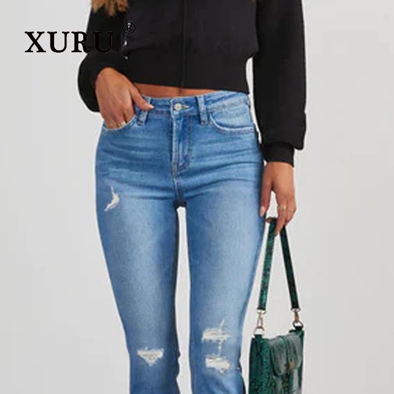 XURU - New Women's Perforated Elastic Jeans, Y2k Clothing Retro Slim Fit Long Jeans, Men's Pants
