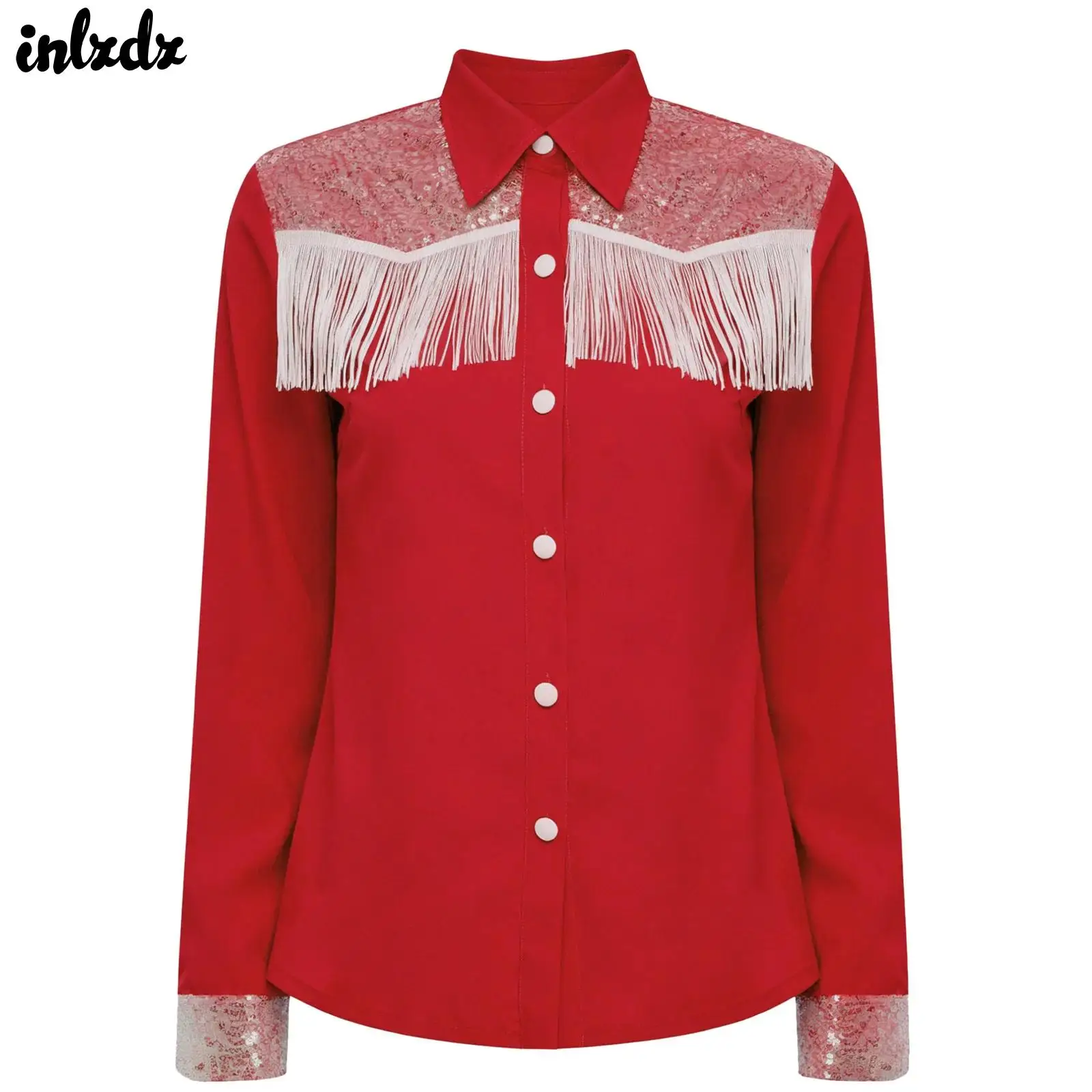 

Женский карнавальный костюм в стиле вестерн-ковбой, рубашка с кисточками и блестками, топы с длинными рукавами, блузка на пуговицах в стиле пастушки, топы, клубная одежда