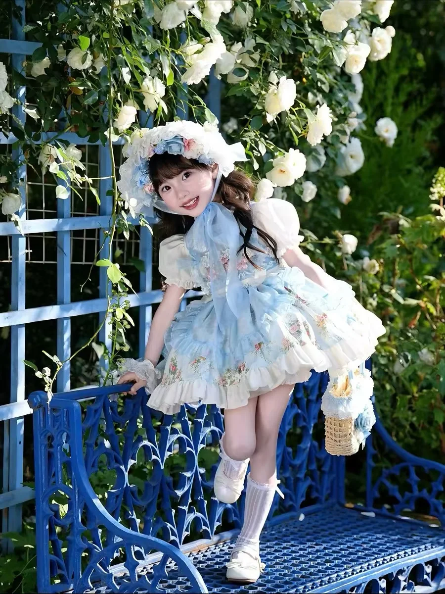 Girls Sweet French Lolita Dress New Kids Puff Sleeve Palace Gown Children Birthday Party Clothing 3-9Y