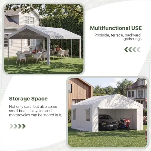 Carport, 12x20 ft Heavy Duty Carport Portable Garage Car Canopy for Car, Truck, SUV, Boat, Grey, with Roll-up Windows