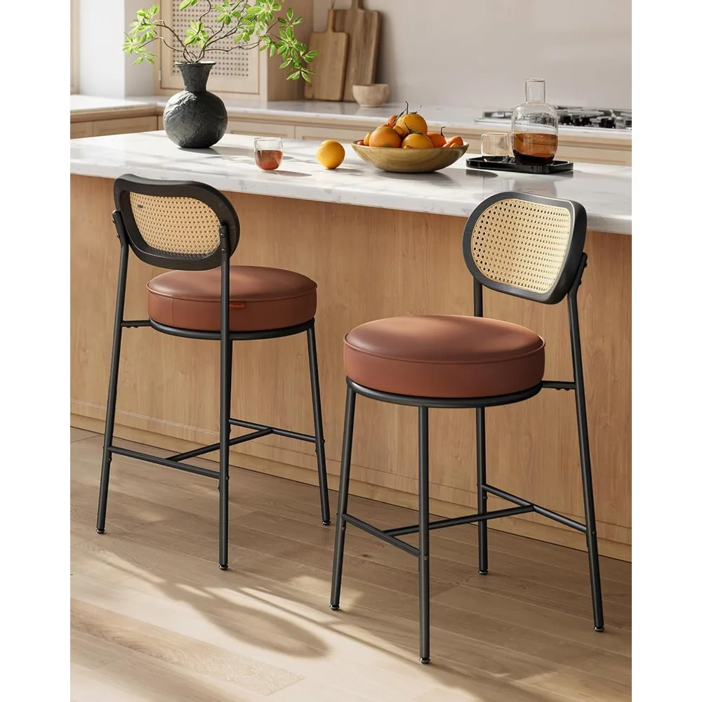 

25.1-Inch Bar Stools Set of 2, Bars Height Stools with Rattan Back and Metal Legs, Modern Leather Upholstered Bar stoolss