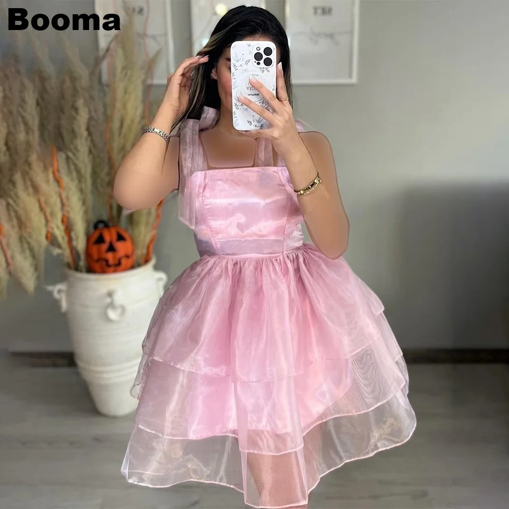 

Booma Pink Mini Prom Dresses Tiered Organza Bow Strap Short Graduation Party Dress Special Occasion Gowns Birthday Dress Outfits